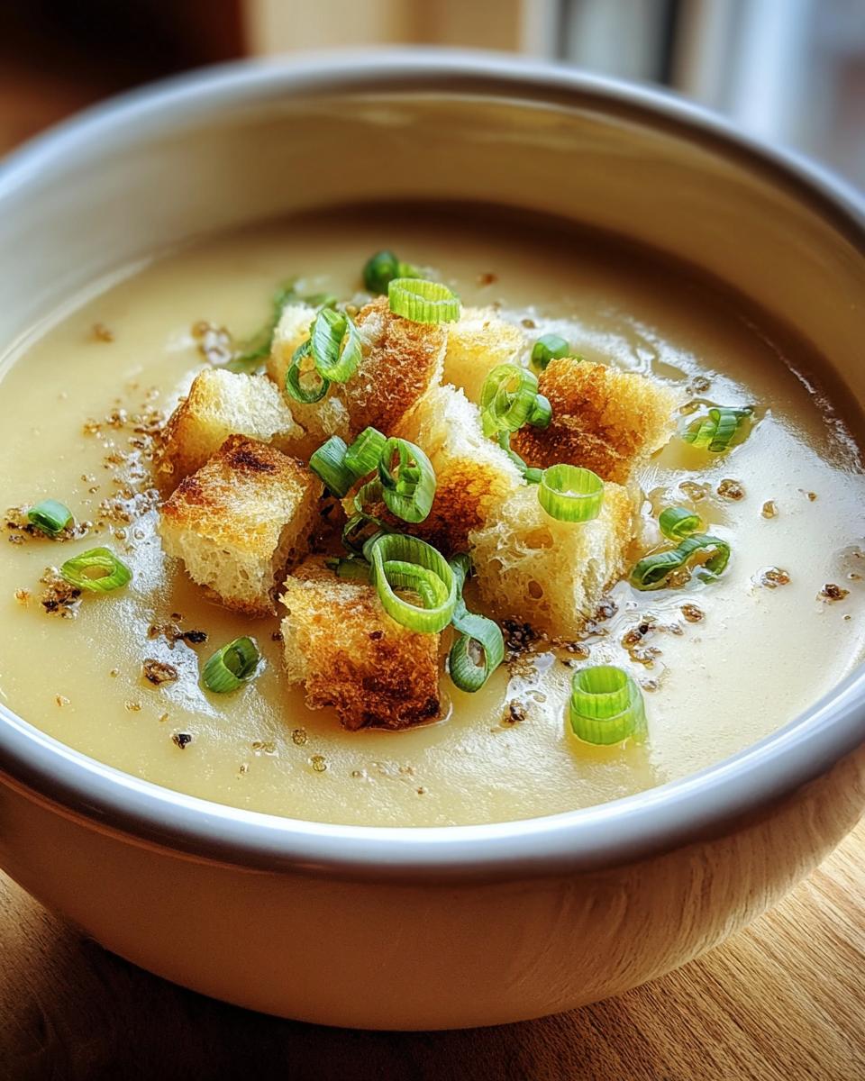 Nahaufnahme einer Schüssel mit Kartoffelsuppe cremig mit Croutons und Frühlingszwiebeln.
