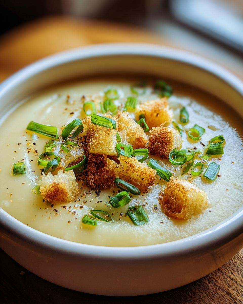 Nahaufnahme einer Schüssel mit cremiger Kartoffelsuppe, garniert mit goldbraunen Croutons und Schnittlauch.