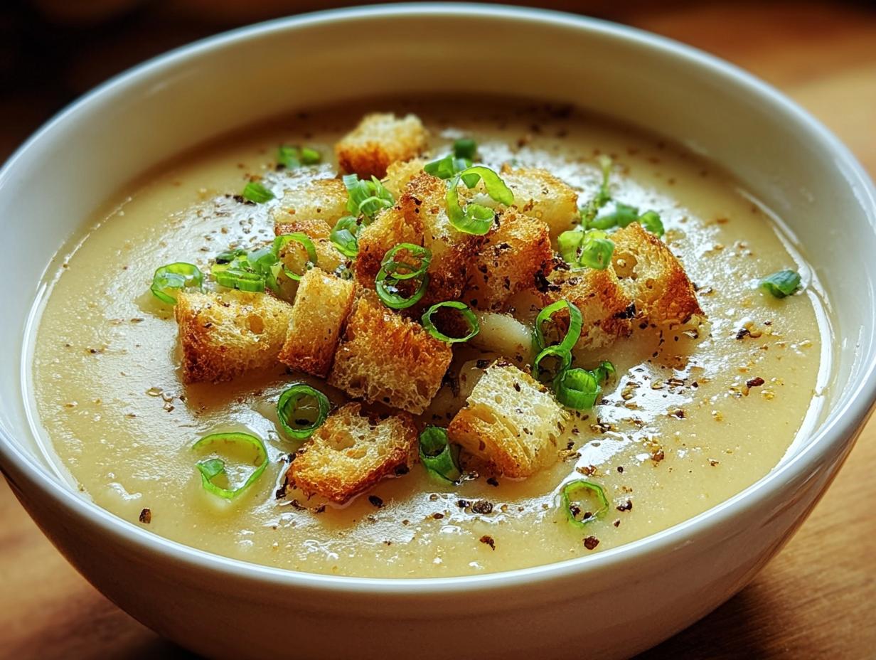 Nahaufnahme einer cremigen Kartoffelsuppe cremig mit Croutons und Frühlingszwiebeln in einer weißen Schüssel.