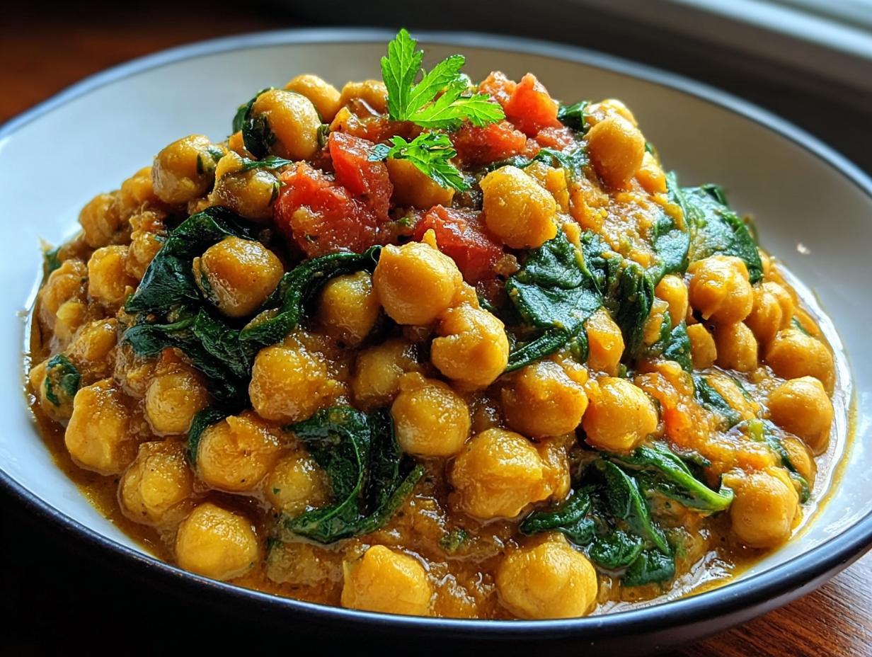 Nahaufnahme einer Schale mit Kichererbsen-Pfanne mediterran, reich an Kichererbsen, Spinat und Tomaten.