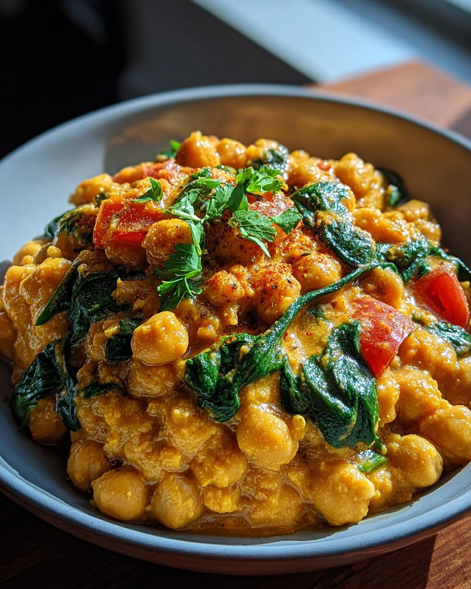 Nahaufnahme einer Schüssel mit cremiger Kichererbsen-Pfanne mediterran, garniert mit Spinat und Petersilie.