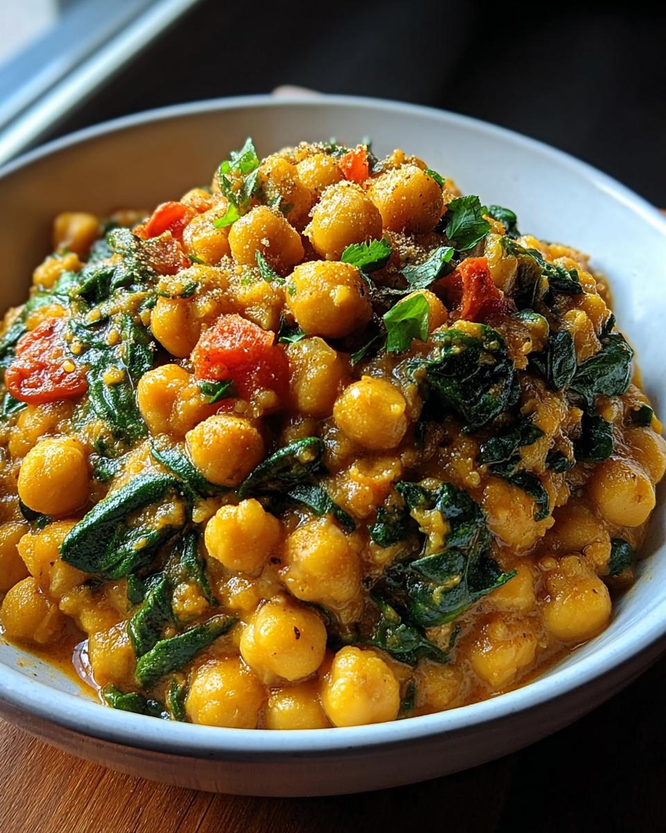 Nahaufnahme einer Schale mit Kichererbsen-Pfanne mediterran, garniert mit Spinat und Kräutern.