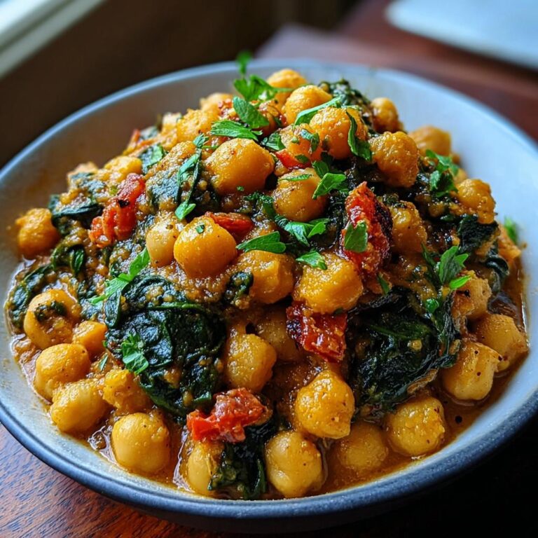 Nahaufnahme einer herzhaften Kichererbsen-Pfanne mediterran mit Spinat und getrockneten Tomaten.