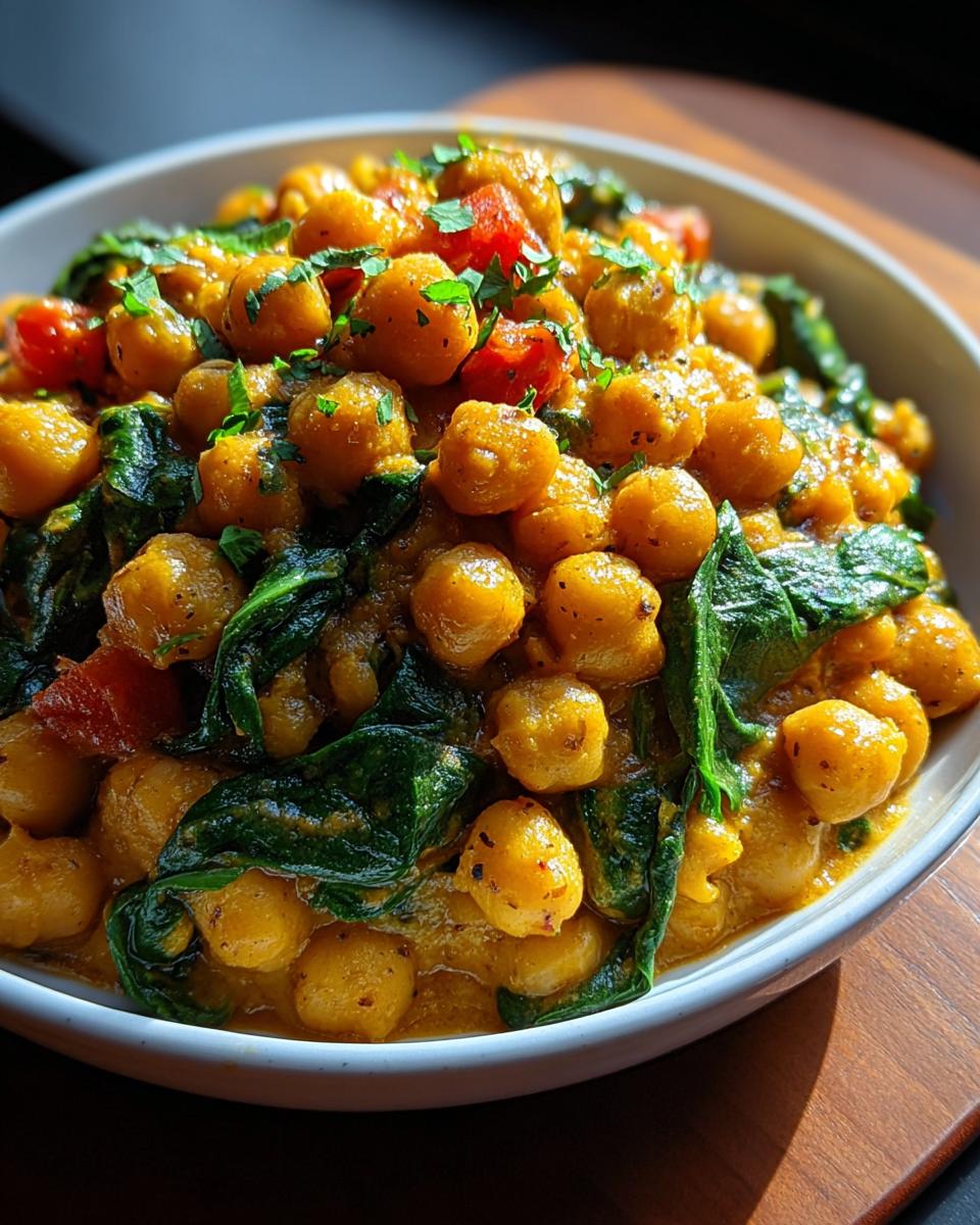 Nahaufnahme einer Schüssel mit Kichererbsen-Pfanne mediterran, cremig und gelb gewürzt, mit dunklem Spinat und roten Tomatenstücken.