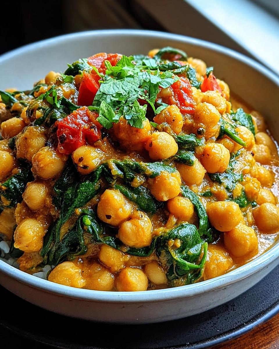 Nahaufnahme einer Schale mit Kichererbsen-Pfanne mediterran, reich an Kichererbsen, Spinat und Tomaten, garniert mit frischen Kräutern.