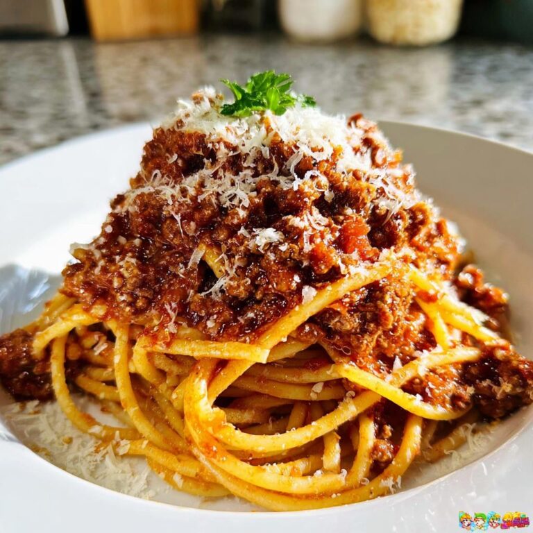 Nahaufnahme von Klassische Bolognese mit Spaghetti, üppig belegt mit Fleischsauce und geriebenem Parmesan.