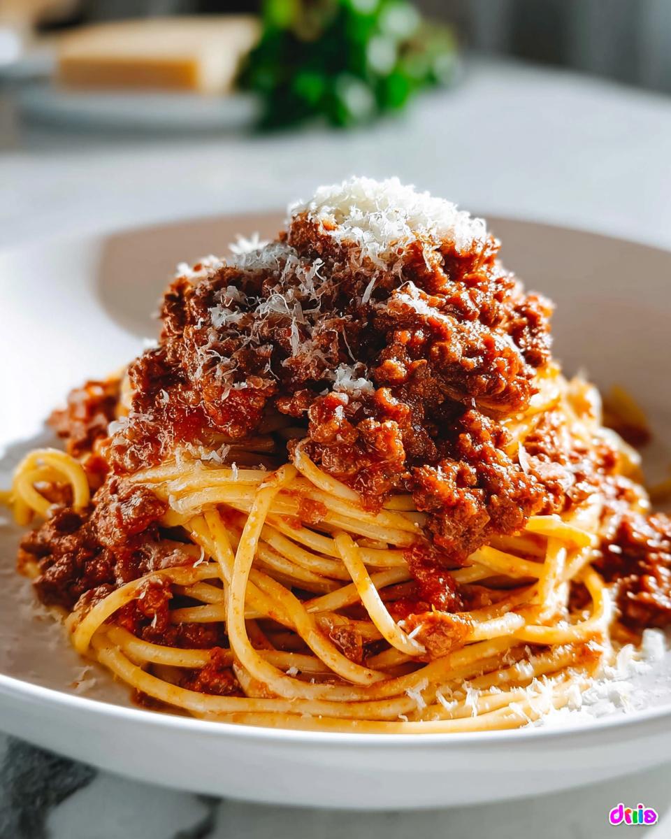 Nahaufnahme von Klassische Bolognese mit Spaghetti, reichlich bedeckt mit Fleischsauce und geriebenem Parmesan.