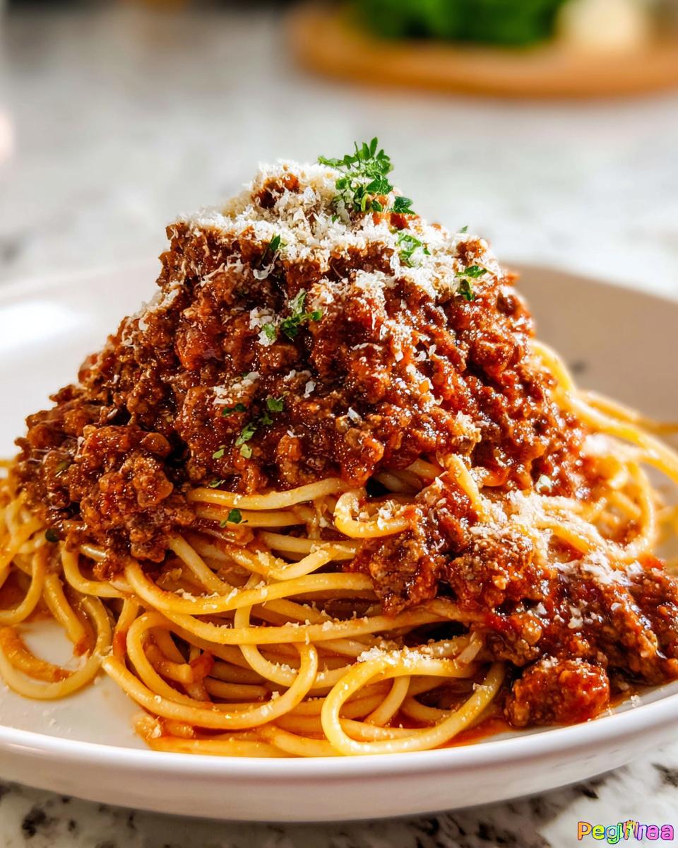 Nahaufnahme von Klassische Bolognese mit Spaghetti, üppig belegt mit Fleischsauce und geriebenem Parmesan.