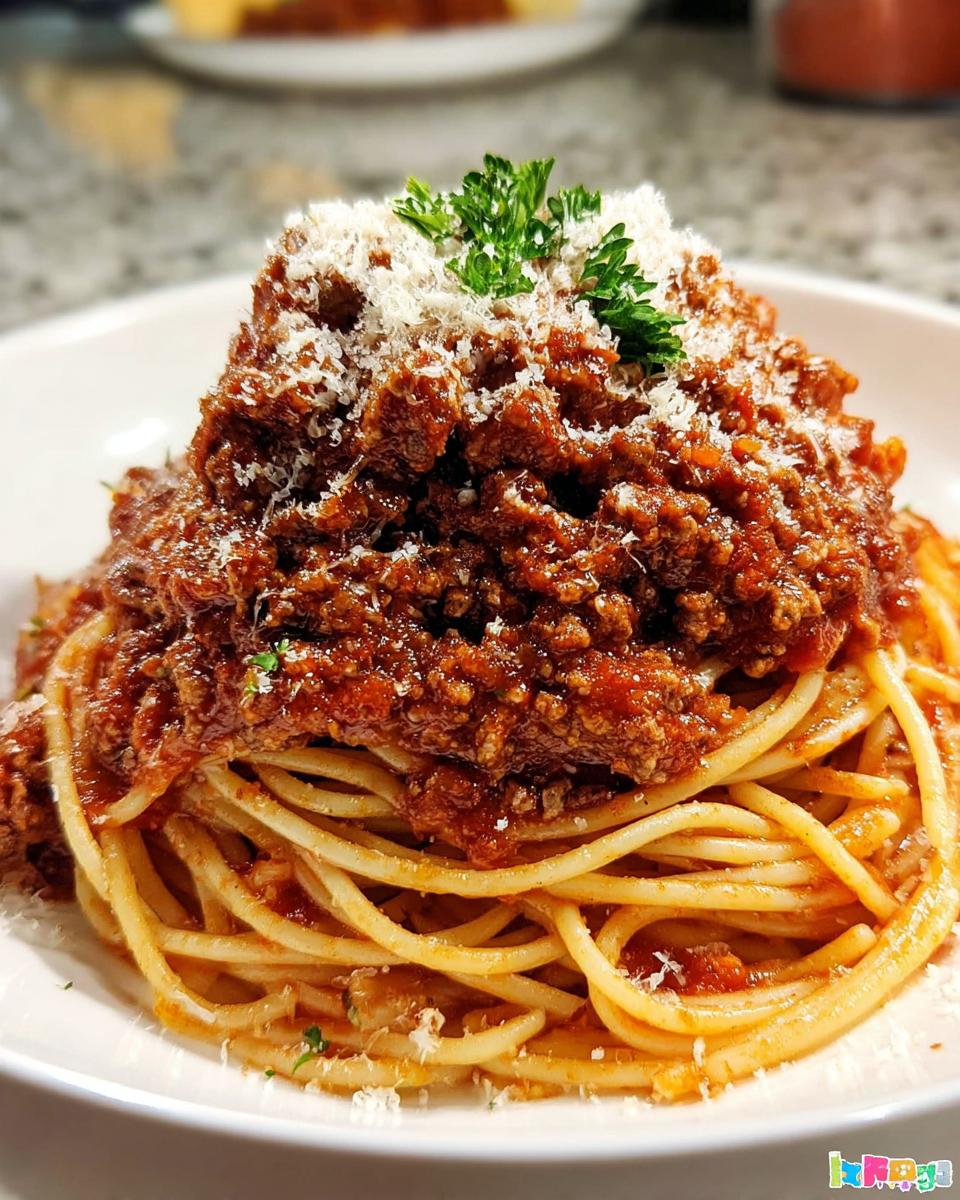 Nahaufnahme von Klassische Bolognese mit Spaghetti, reichlich belegt mit Fleischsauce, geriebenem Parmesan und Petersilie.