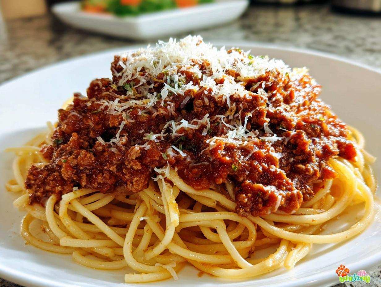 Nahaufnahme von Klassische Bolognese mit Spaghetti, bedeckt mit reichhaltiger Fleischsauce und geriebenem Parmesan.