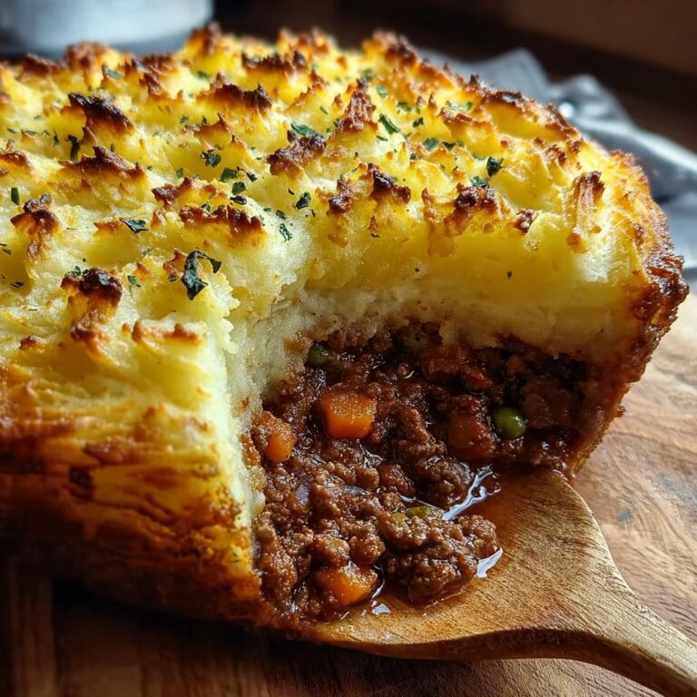 Nahaufnahme eines angeschnittenen Klassischer Shepherd’s Pie mit saftiger Fleischfüllung und knuspriger Kartoffelhaube.