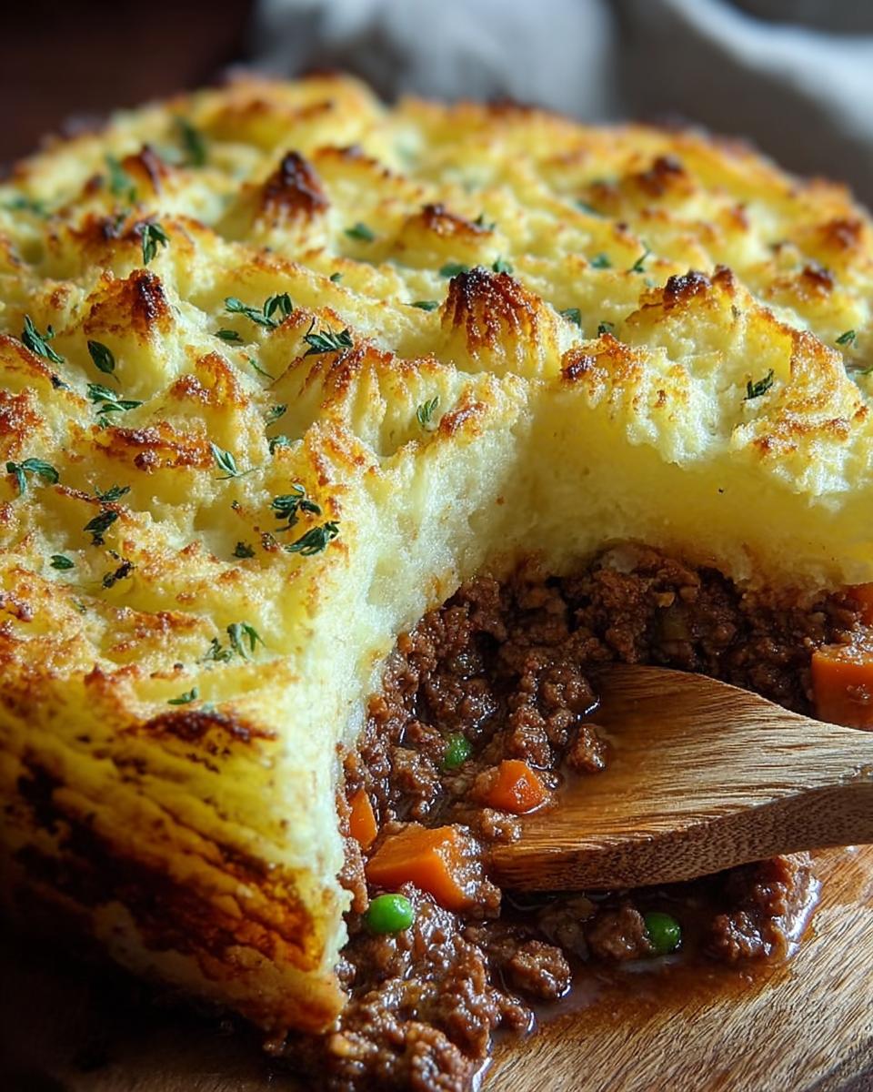 Nahaufnahme eines aufgeschnittenen Klassischer Shepherd’s Pie mit goldbrauner Kartoffelhaube und herzhafter Fleischfüllung.