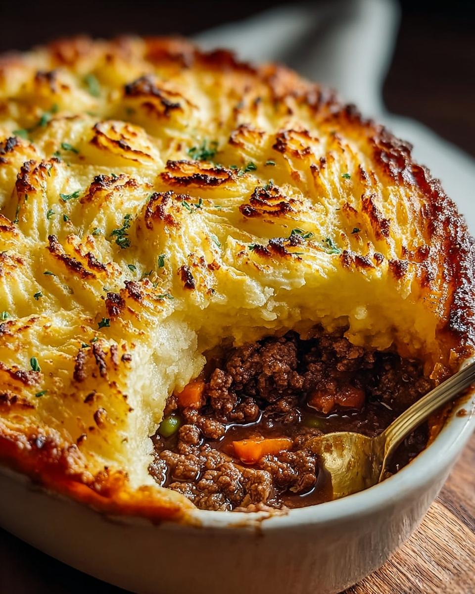 Nahaufnahme vom Klassischer Shepherd’s Pie, bei dem ein Löffel die knusprige Kartoffelkruste durchbricht und die herzhafte Fleischfüllung freilegt.