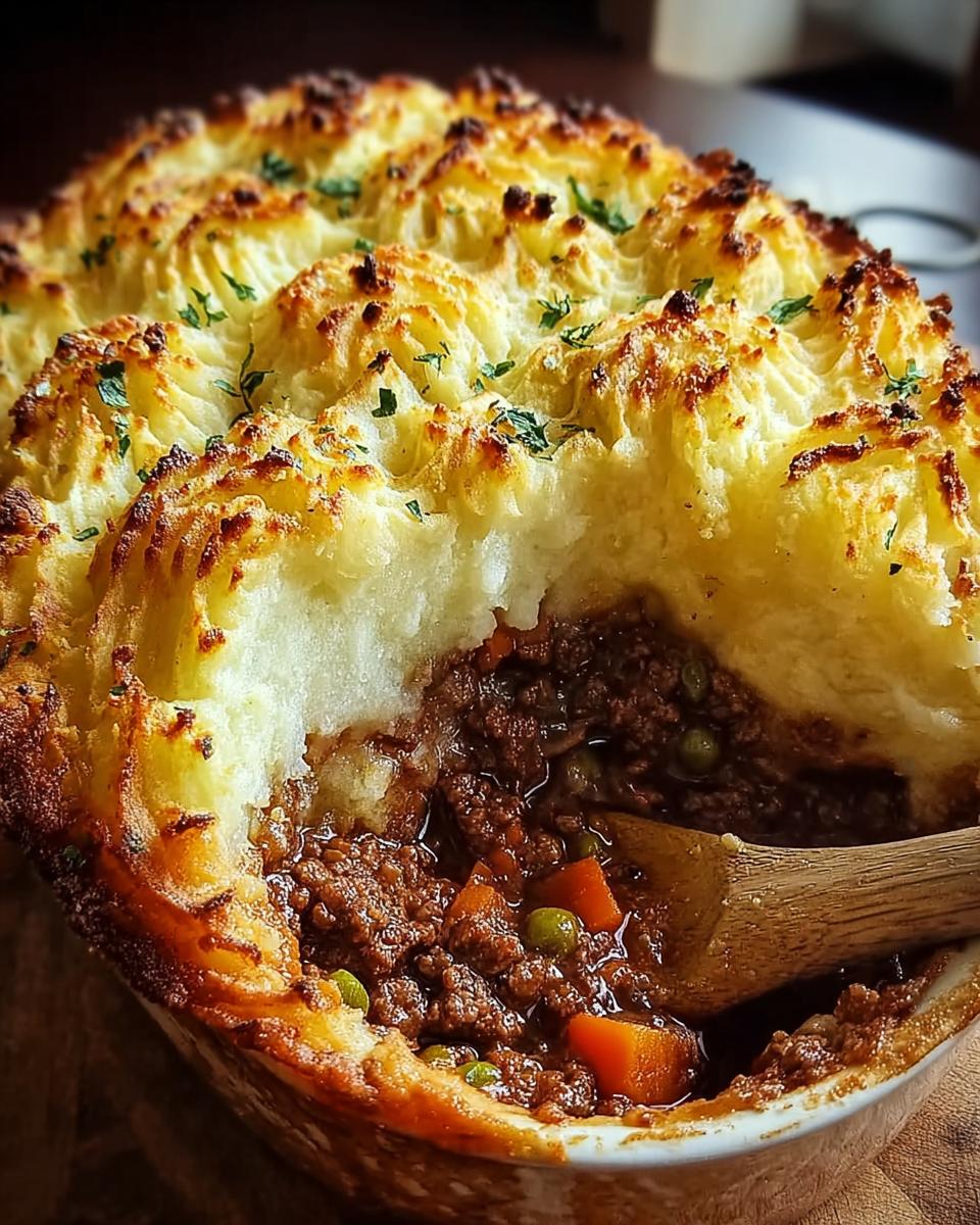 Nahaufnahme vom Klassischer Shepherd’s Pie, bei dem ein Löffel die knusprige Kartoffeldecke durchbricht und die herzhafte Fleischfüllung freilegt.