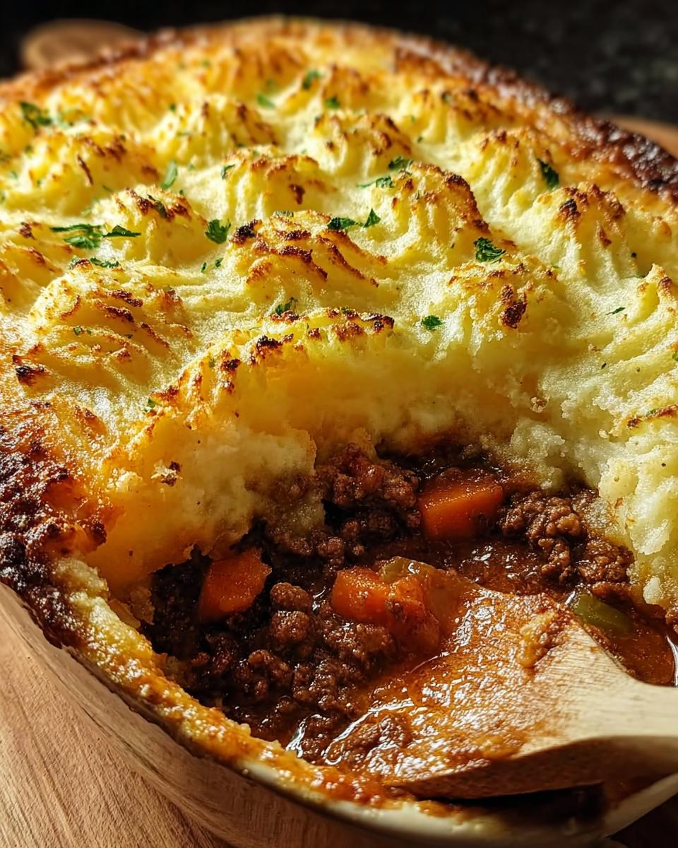 Nahaufnahme von Klassischer Shepherd’s Pie, bei dem ein Löffel die goldbraune Kartoffelkruste durchbricht und die herzhafte Hackfleisch-Gemüsefüllung freilegt.