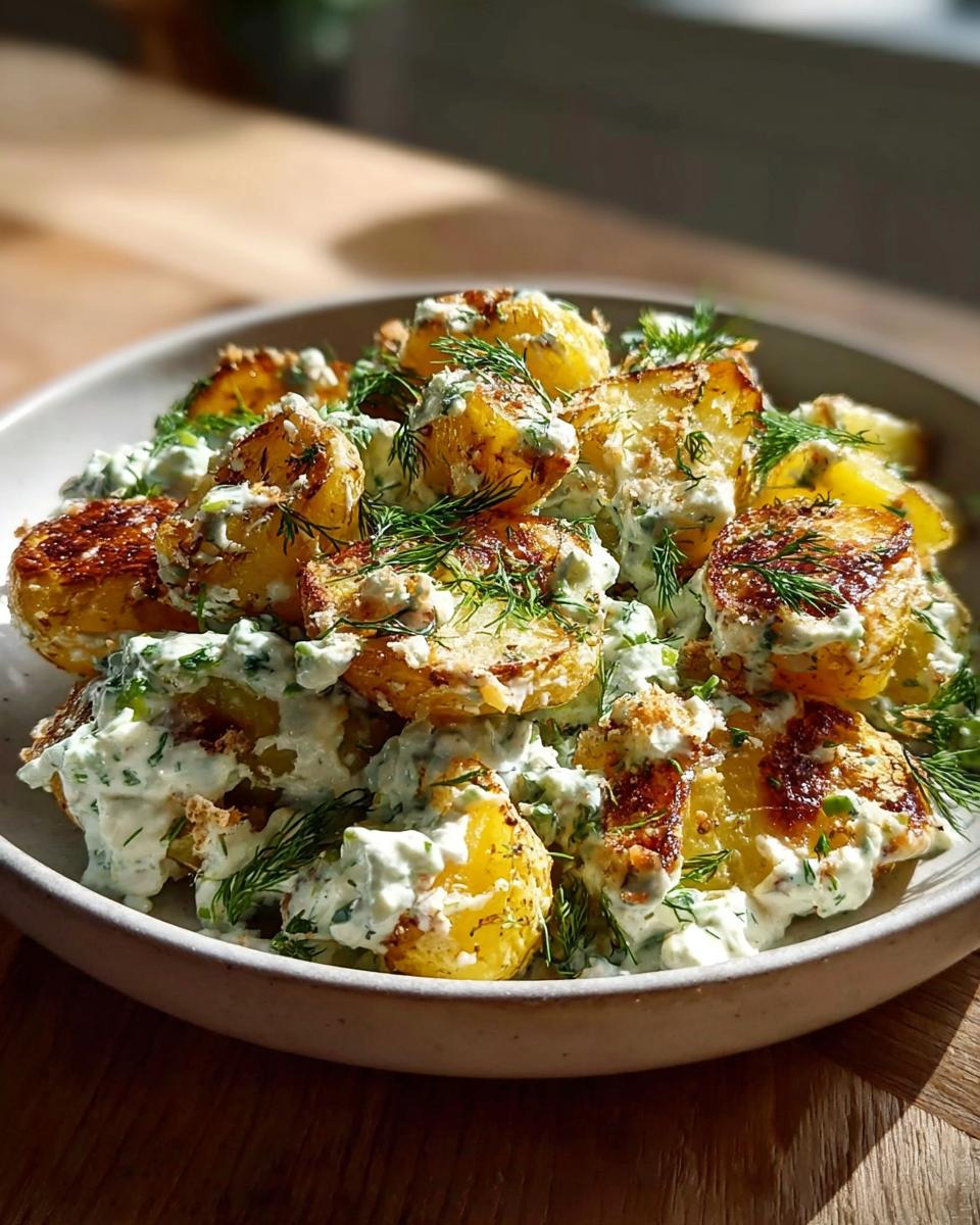 Knusprige Ofenkartoffeln mit Kräuterquark und frischem Dill in einer hellen Schüssel.