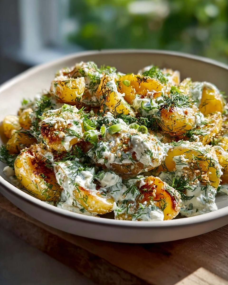 Schale mit Knusprige Ofenkartoffeln, übergossen mit Kräuterquark und viel frischem Dill.