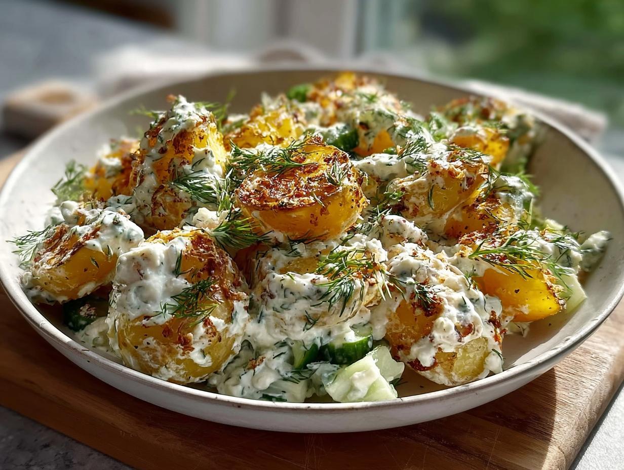 Knusprige Ofenkartoffeln mit Kräuterquark und frischen Gurkenstücken in einer Schüssel.