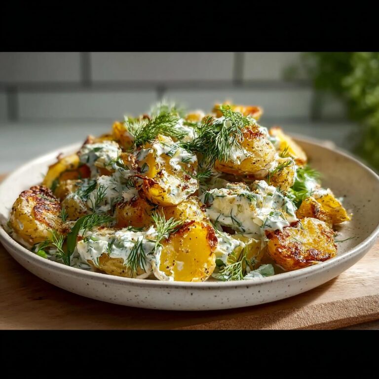 Teller mit Knusprige Ofenkartoffeln, bedeckt mit cremigem Kräuterquark und frischem Dill.