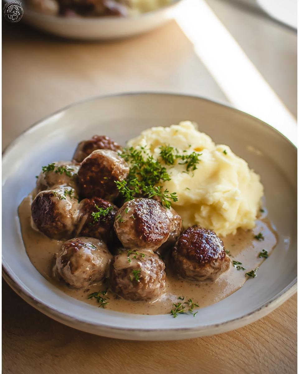 Teller mit saftigen Köttbullar mit Rahmsauce und einer Portion Kartoffeln, garniert mit Petersilie.