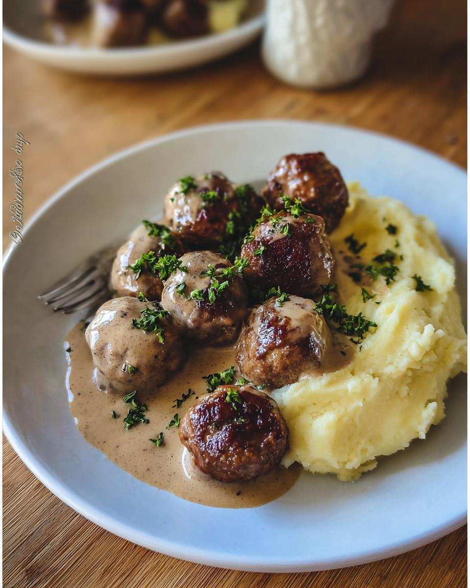 Teller mit saftigen Köttbullar mit Rahmsauce und cremigem Kartoffelpüree, garniert mit Petersilie.