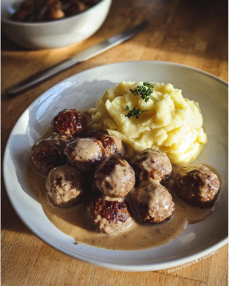 Teller mit saftigen Köttbullar mit Rahmsauce und cremigem Kartoffelpüree, das Gericht Köttbullar mit Rahmsauce & Kartoffeln.
