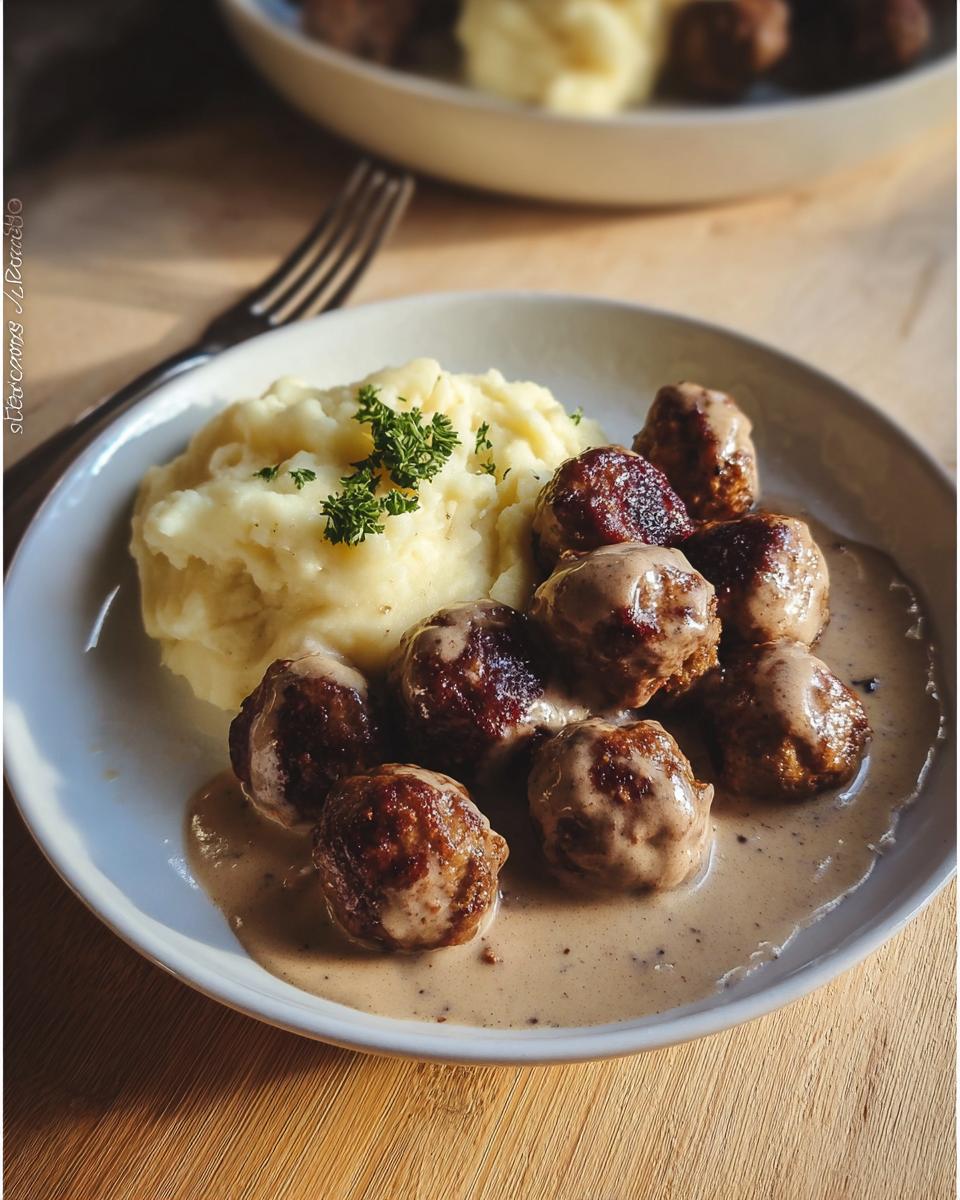 Teller mit saftigen Köttbullar mit Rahmsauce und cremigem Kartoffelpüree, garniert mit Petersilie.