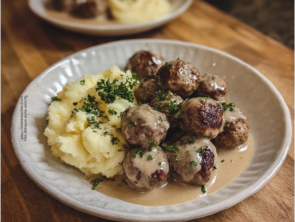 Teller mit saftigen Köttbullar mit Rahmsauce und cremigem Kartoffelpüree, garniert mit Petersilie.