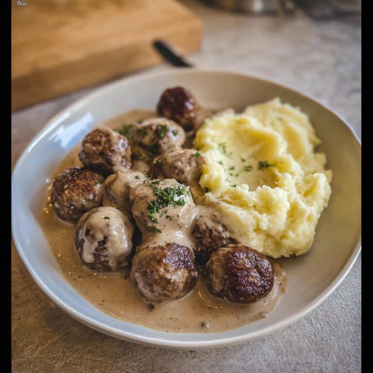 Teller mit saftigen Köttbullar mit Rahmsauce und cremigem Kartoffelpüree, garniert mit Petersilie.