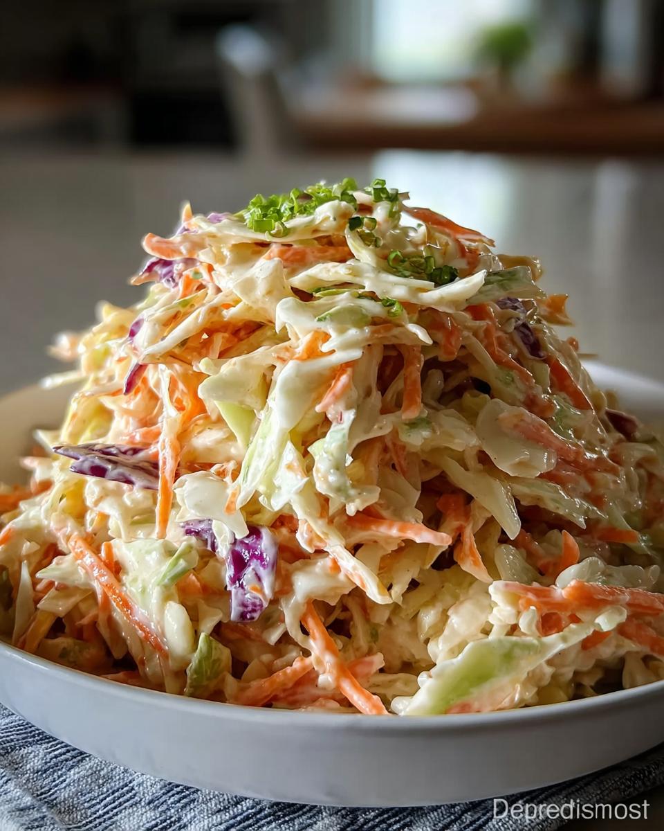 Nahaufnahme von cremigem Krautsalat, gemischt mit geraspelten Karotten und Kohl, garniert mit Schnittlauch.