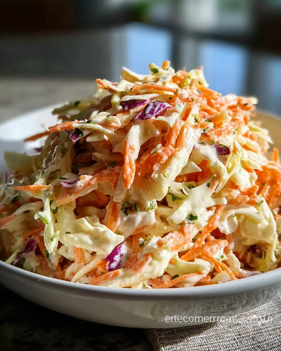 Nahaufnahme von cremigem Krautsalat mit geraspelten Karotten und Weißkohl in einer weißen Schüssel.