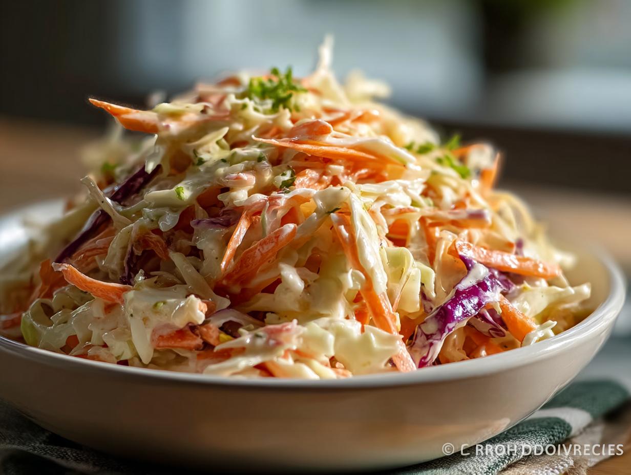 Nahaufnahme von cremigem Krautsalat mit geraspelten Karotten und Rotkohl in einer weißen Schüssel.