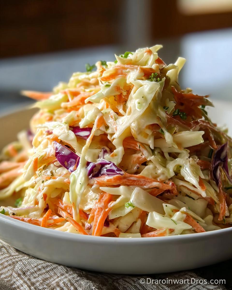 Nahaufnahme von cremigem Krautsalat mit geraspelten Karotten und Weißkohl in einer weißen Schüssel.