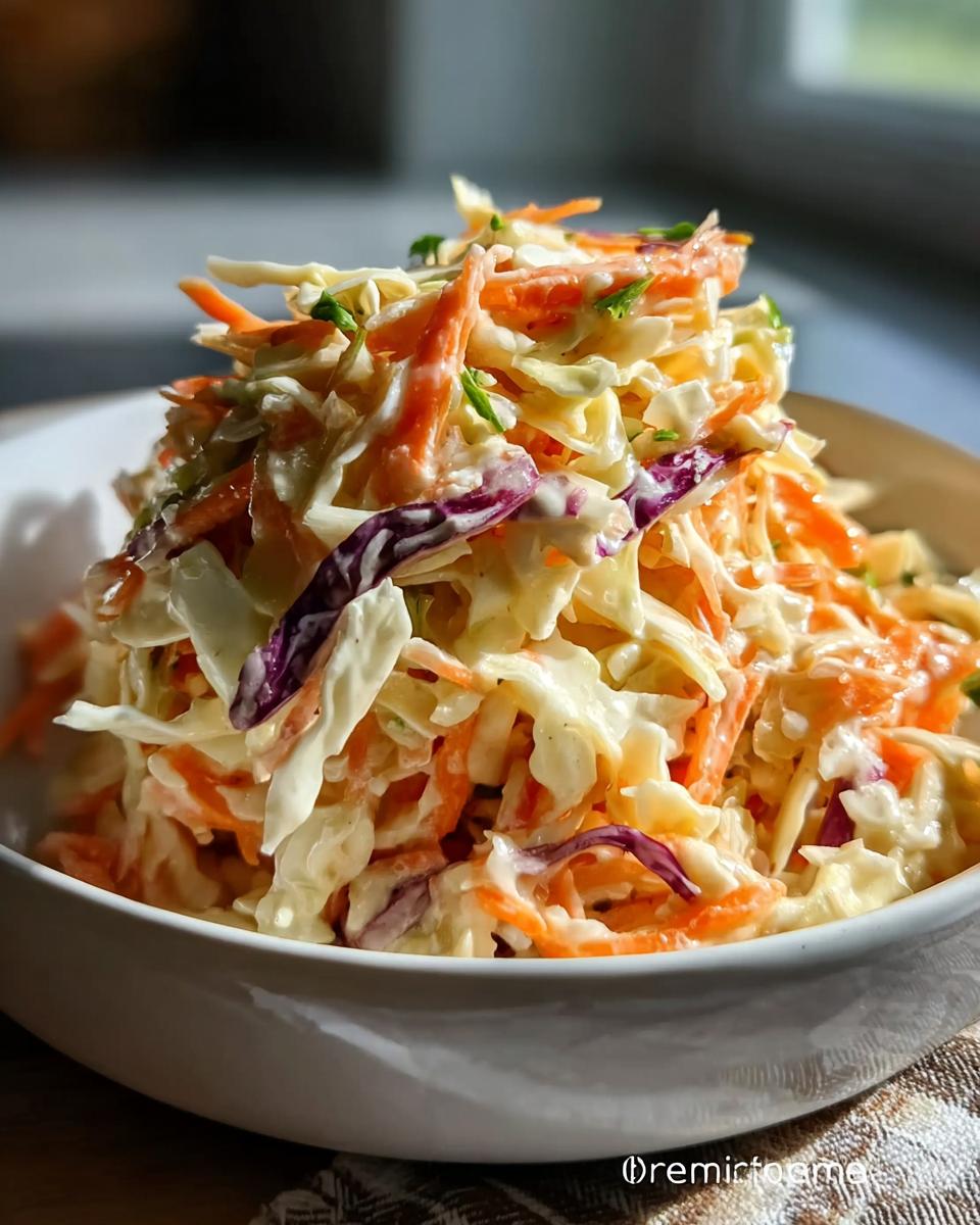 Nahaufnahme von cremigem Krautsalat mit Karottenstreifen in einer weißen Schüssel.