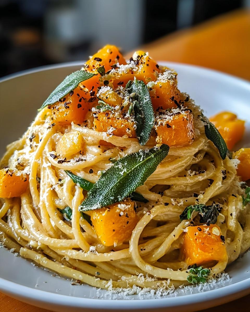 Nahaufnahme einer Portion Kürbis-Pasta mit Salbei und Parmesan, reichlich garniert mit Kürbiswürfeln.