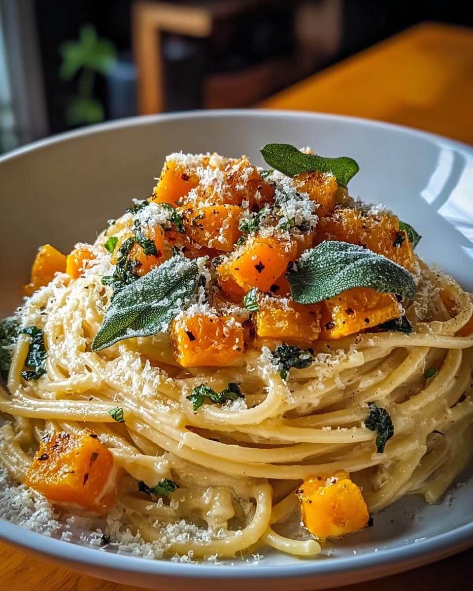 Nahaufnahme von cremiger Kürbis-Pasta mit Salbei und reichlich geriebenem Parmesan.