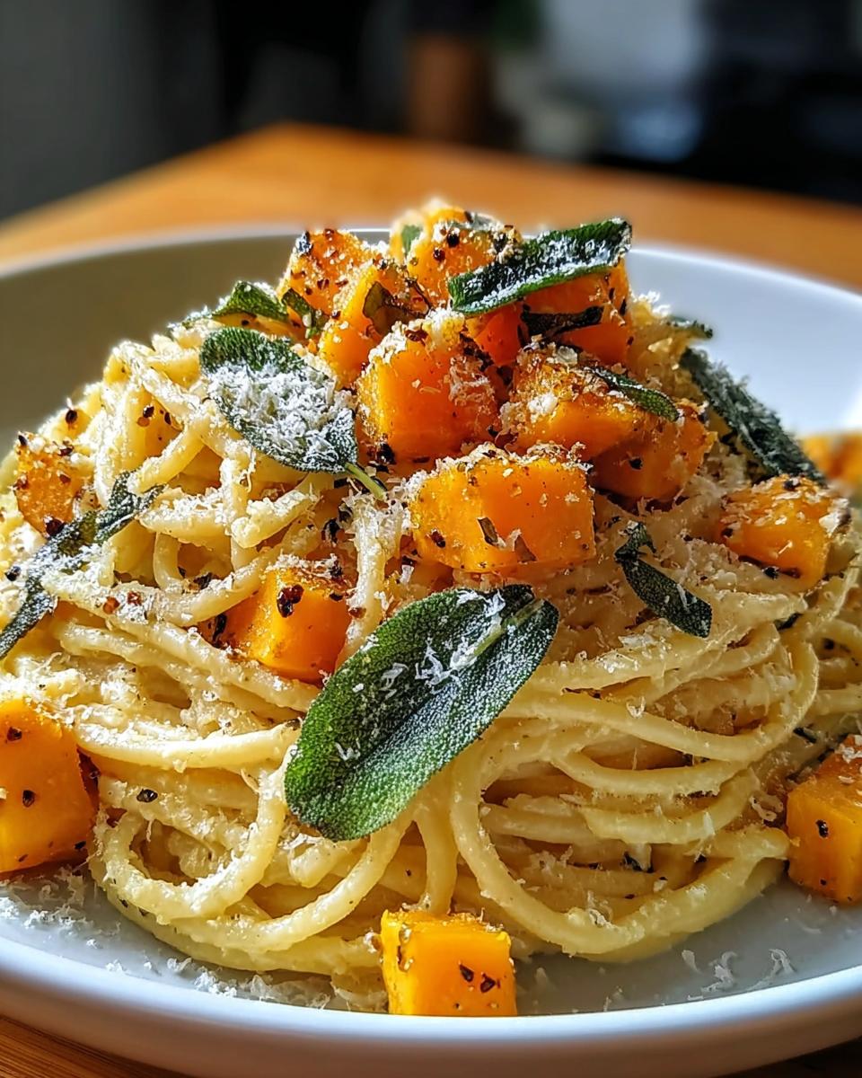 Nahaufnahme von cremiger Kürbis-Pasta mit Salbei und geriebenem Parmesan.