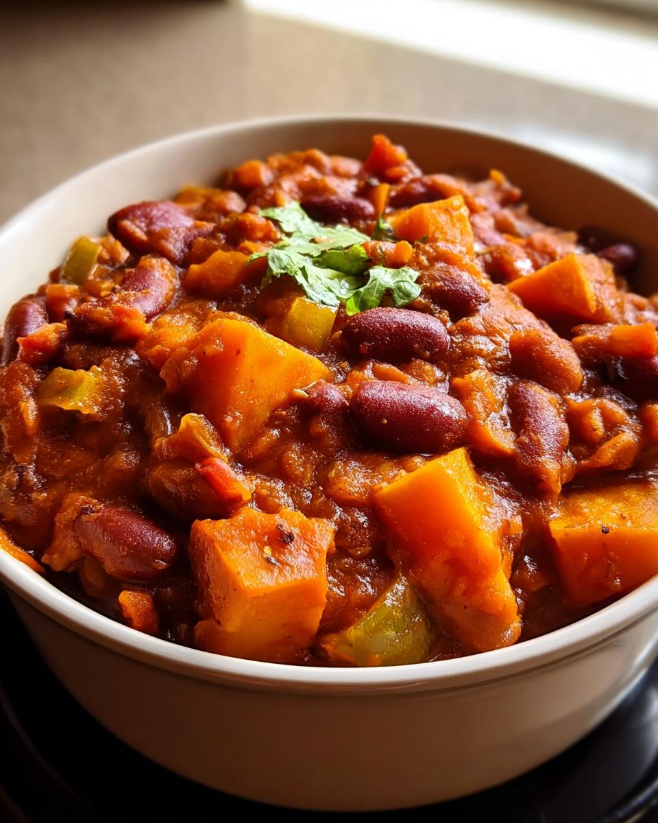 Nahaufnahme eines reichhaltigen Kürbis-Chili mit Bohnen, Kürbisstücken und grünen Paprika, garniert mit Koriander.