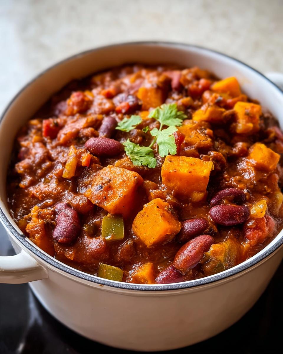 Nahaufnahme von einem reichhaltigen Kürbis-Chili mit Bohnen, Kürbisstücken und Koriander garniert.