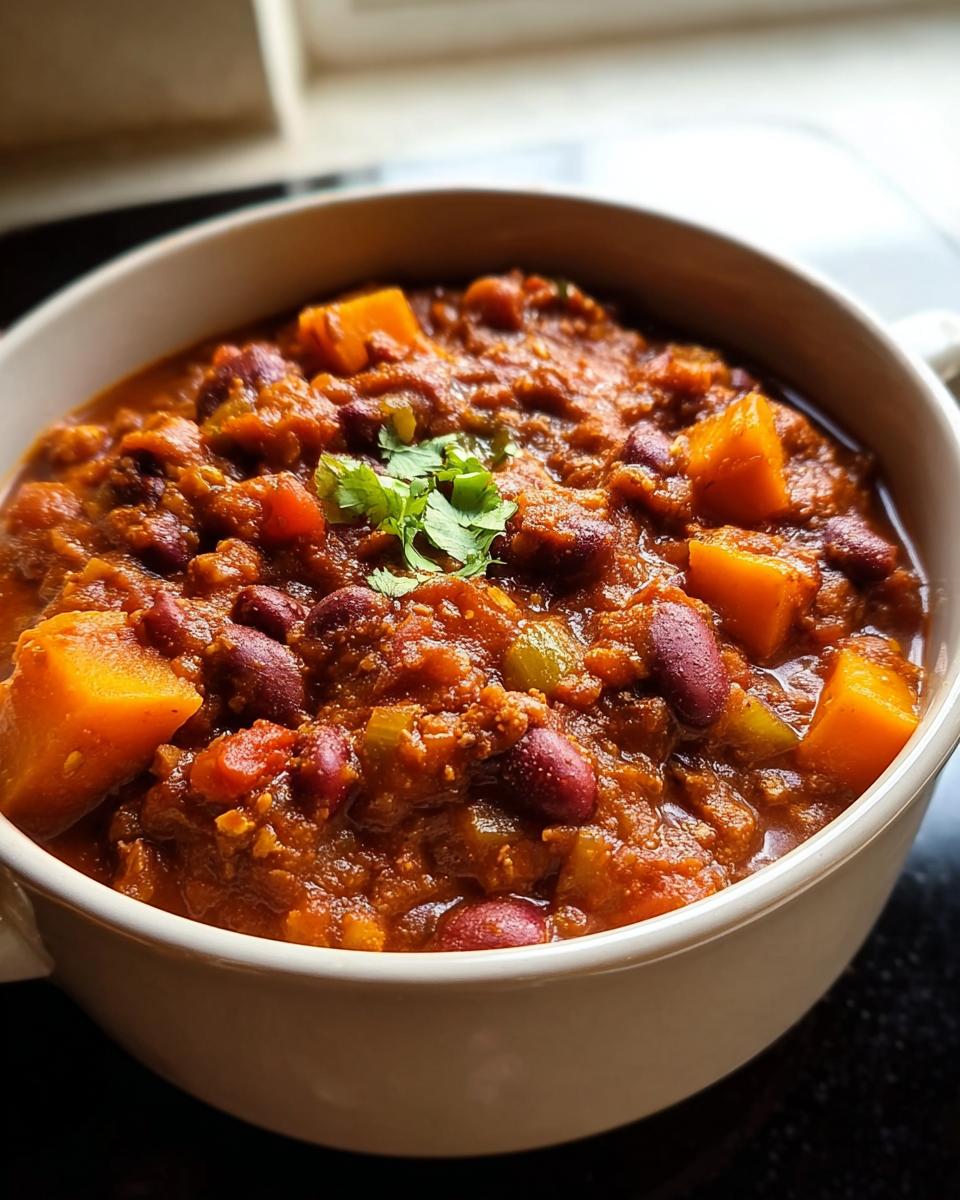Nahaufnahme eines tiefen, weißen Topfes gefüllt mit würzigem Kürbis-Chili mit Bohnen und Kürbisstücken.