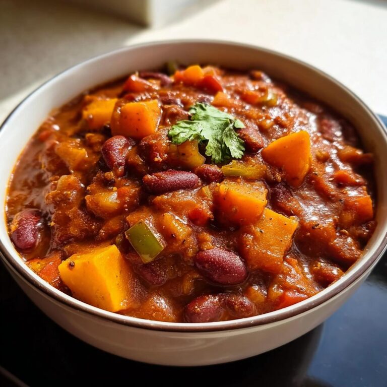 Eine Nahaufnahme einer Schüssel mit reichhaltigem Kürbis-Chili mit Bohnen, garniert mit Koriander.