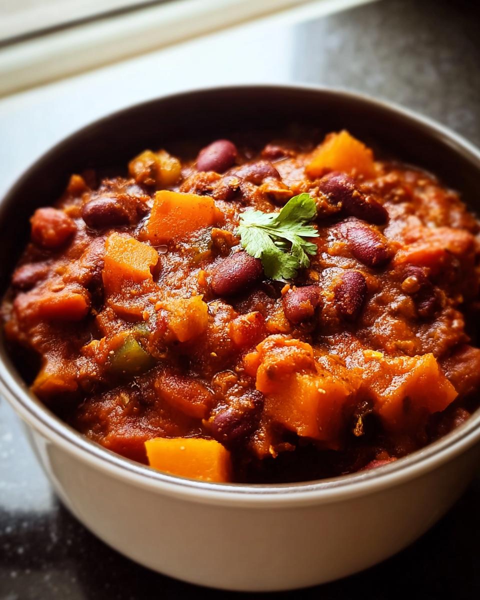 Nahaufnahme eines tiefen Schälchens gefüllt mit würzigem Kürbis-Chili mit Bohnen und Kürbisstücken.