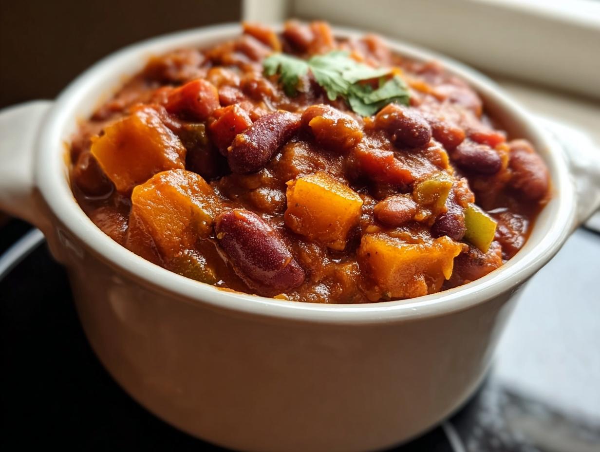 Nahaufnahme von herzhaftem Kürbis-Chili mit Bohnen in einer weißen Schale, garniert mit Koriander.