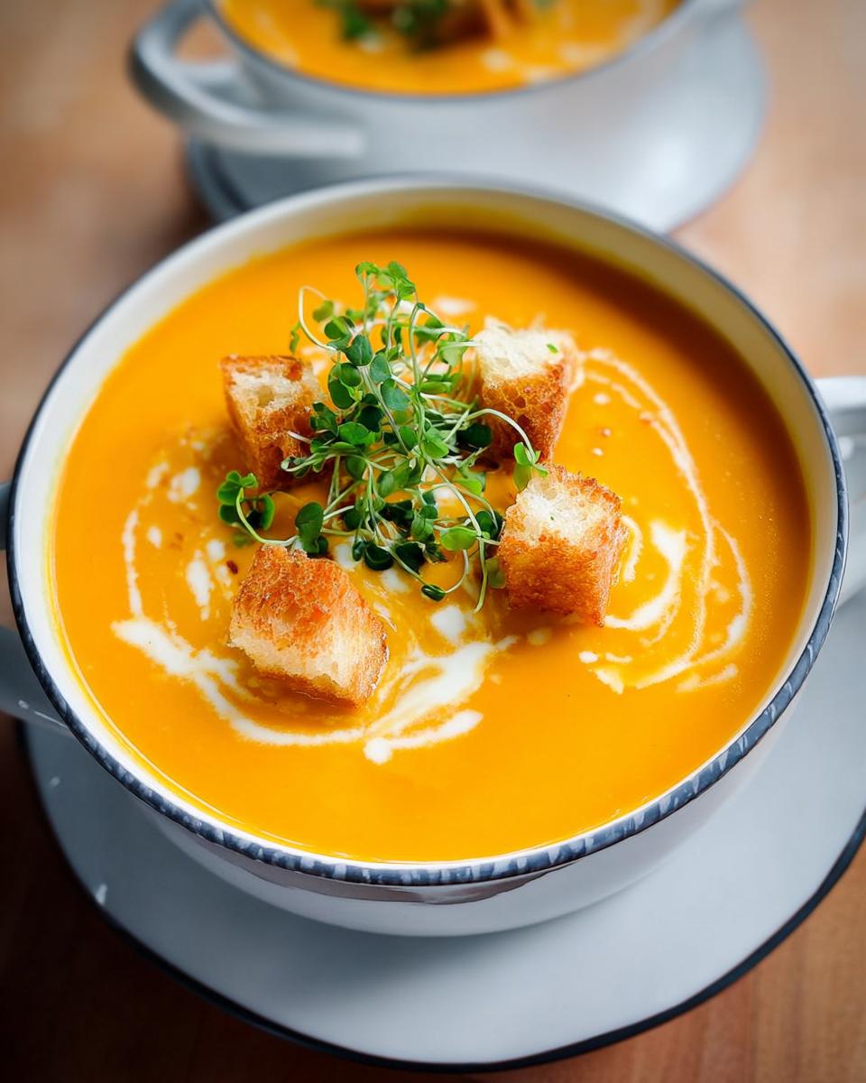 Nahaufnahme einer leuchtend orangefarbenen Kürbis-Kokos-Suppe mit Ingwer, garniert mit Croutons und frischen Sprossen.