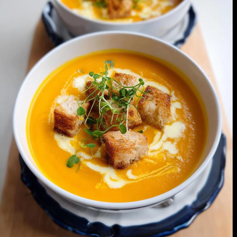Nahaufnahme einer leuchtend orangefarbenen Kürbis-Kokos-Suppe mit Ingwer, garniert mit Croutons und frischen Sprossen.