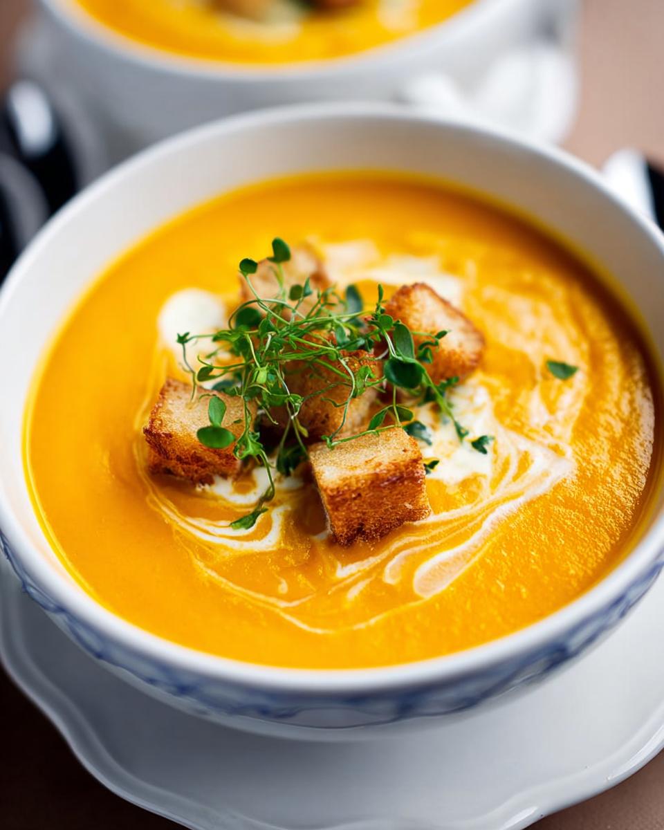 Nahaufnahme einer leuchtend orangefarbenen Kürbis-Kokos-Suppe mit Ingwer, garniert mit Croutons und frischen Kräutern.