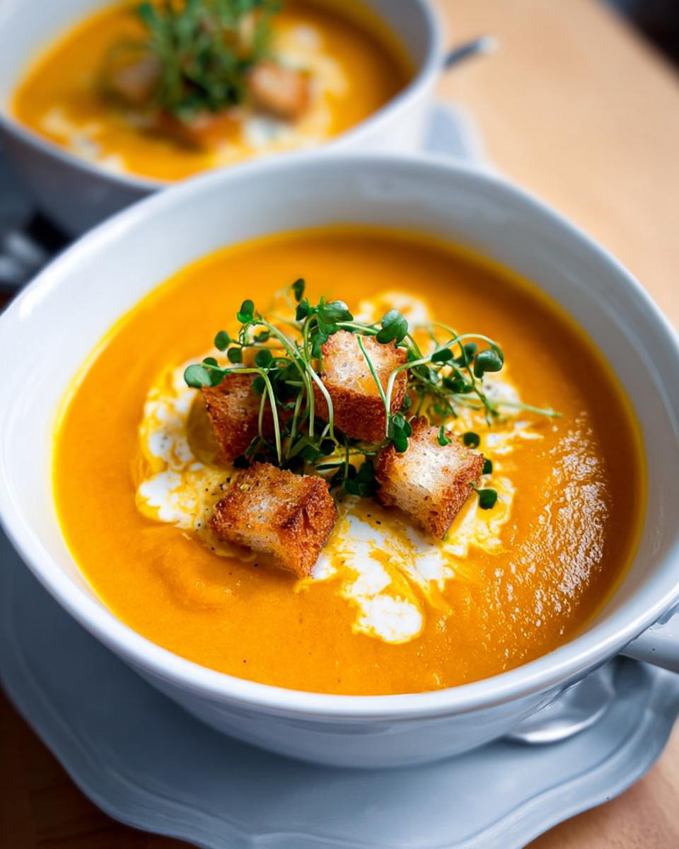 Nahaufnahme einer leuchtend orangen Kürbis-Kokos-Suppe mit Ingwer, garniert mit Croutons und Sprossen.