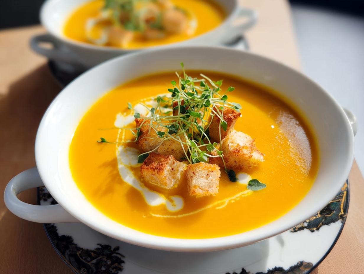 Nahaufnahme einer leuchtend orangefarbenen Kürbis-Kokos-Suppe mit Ingwer, garniert mit Croutons und Sprossen.
