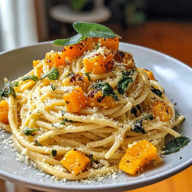 Nahaufnahme einer Portion Kürbis-Pasta mit Salbei & Parmesan, garniert mit gerösteten Kürbiswürfeln.
