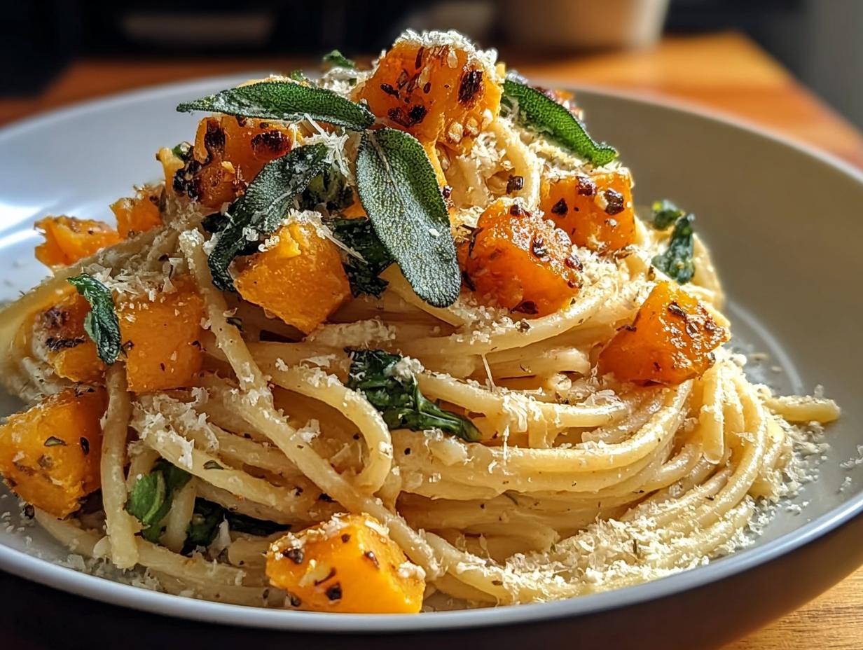 Nahaufnahme von Kürbis-Pasta mit Salbei und reichlich Parmesan, ein Gericht aus dem Rezept Kürbis-Pasta mit Salbei & Parmesan.